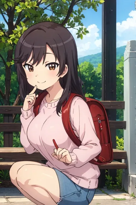 nonhotaru,looking_at_viewer,smile,nature,shirt,skirt,backpack,randoseru,sweater,big breasts