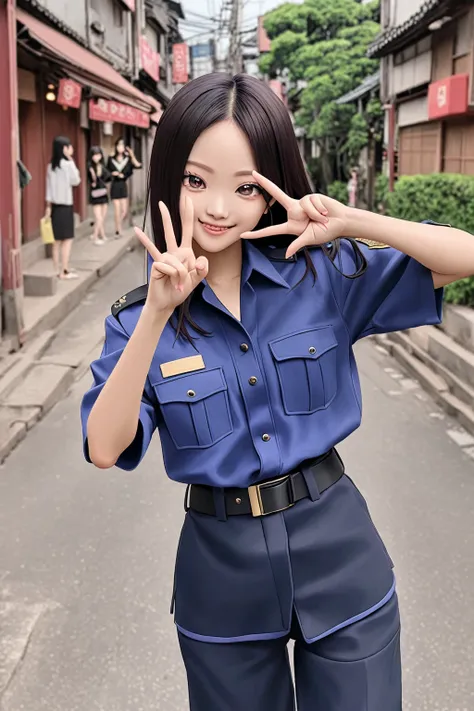 arafed woman in uniform making a peace sign with her hands, girl wearing uniform, jk uniform, blue uniform, wearing a , wearing , anime thai girl, jossi of blackpink, smooth in _ the background, anime girl in real life, wearing japanese , jisoo from blackp...