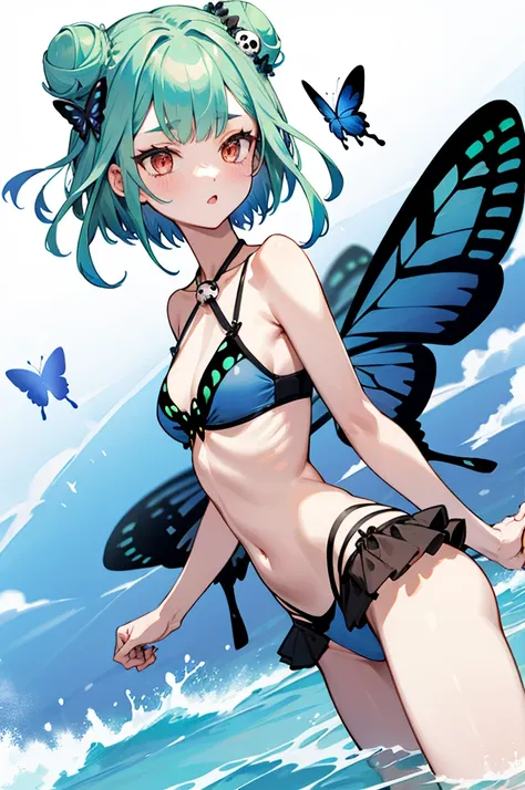 rushia_bikini, green hair, short hair, side buns, blue bikini, frills, butterfly, small breasts, skull hair ornament