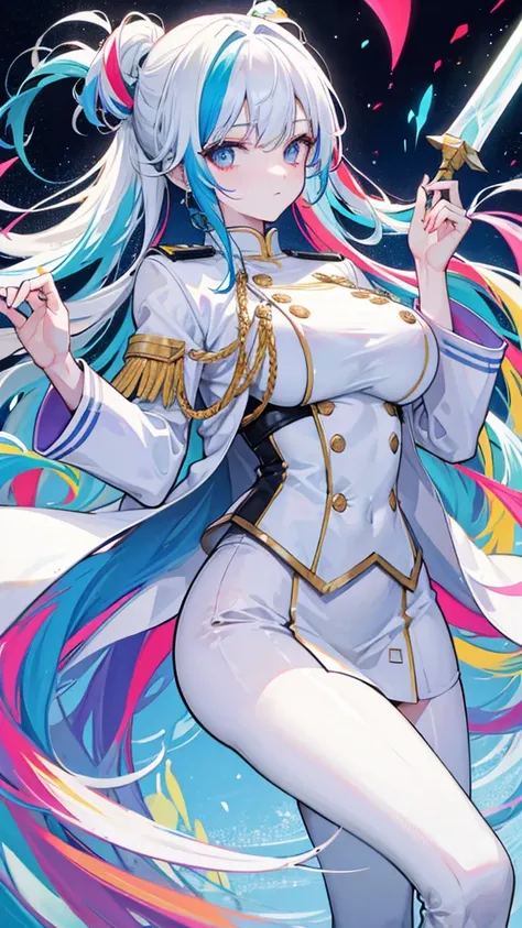 7 rainbow colored hair, expressionless, neat white uniform, holding a sword, very large breasts