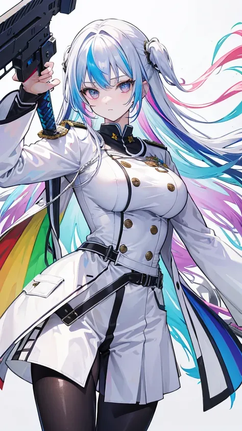 7 rainbow colored hair, expressionless, neat white uniform, holding a sword, very large breasts