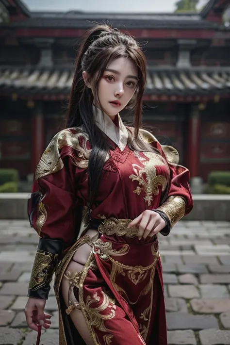 realistic, red cloth, exquisite face, braid, beautiful girl, Full show, Gold Embroidery， black embroidered gold， high ponytail， depth of field, high resolution, 1 woman, hips up, beautiful eyes, white hair, long hair, big eyes, Chinese clothes, Fei Yu