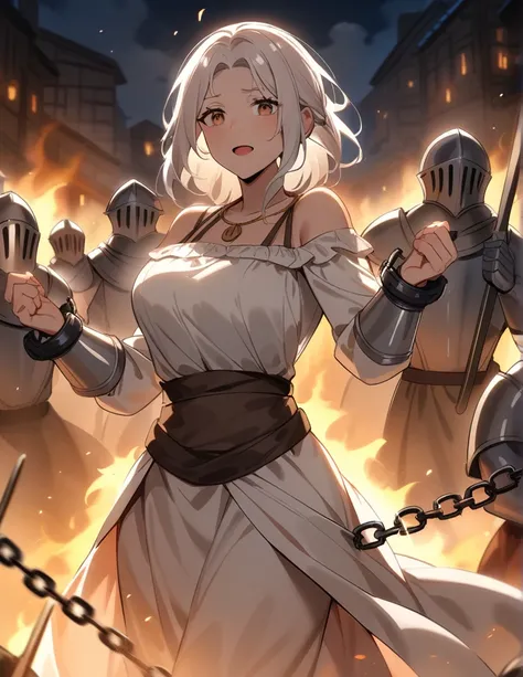 milf Greek woman with white hair, brown eyes, wearing peasant clothes, being captured and chained by knights wearing shiny silver armor, in a burning village