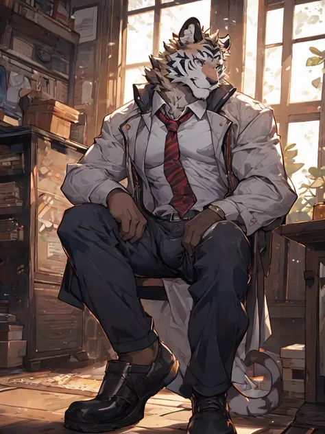 {{bara extremely handsome white tiger,}} {{white fur,}} white, wearing military like purple trench coat, purple trousers, white dress shirt and necktie, white fluffy furry body and limbs, loafers, very tall, very broad shoulders, narrow waist, muscular arm...