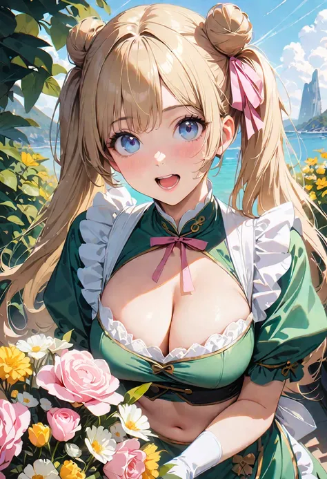 30 years old,1 mature woman,hyperrealistic, 8k, (extremely detailed 8k), (very delicate and beautiful), (masterpiece), (better quality:1.0), (ultra high resolution:1.0), (masterpiece, best quality), cute,blonde,cleavage cutout,(broen dress:1.3),(crop top n...