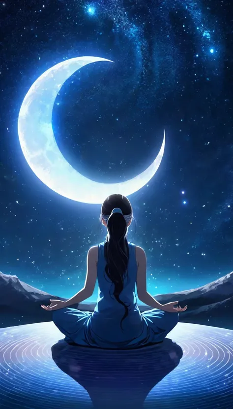 Woman facing backwards sitting in zen meditation pose、Fusion with space bodies, The crescent moon of the new moon shines brightly, The infinite mystery of the universe and the individual&#39;s cosmic symbiosis. A pillar of light descends onto the place whe...