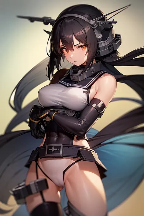 hyper detailed, perfect anatomy, best quality, extremely delicate, extremely detailed, cool,1 girl, Nagato(kancolle), long hair, headgear, dark hair, hairband, collar, bare shoulders, crop top, elbow gloves, fingerless gloves, black gloves, midriff, pleate...