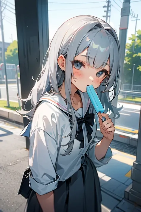 Gray Hair、cute、beauty、high school girl、Popsicles、