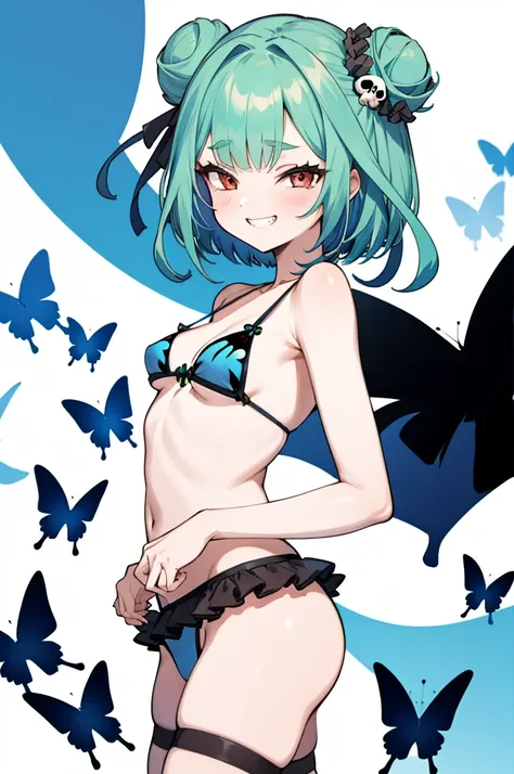 rushia_bikini, green hair, short hair, side buns, blue bikini, frills, butterfly, small breasts, skull hair ornament,grin