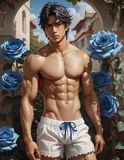 anime+hentai+yaoi style , 1 nude man, standing wearing white translucid loincloths masterpiece, best quultradetailed , ultradetailed art style, oil painting, fullbody, perfect compositicion, simetryc lay out, perfect anatoy, wearing small litle shorts, dra...