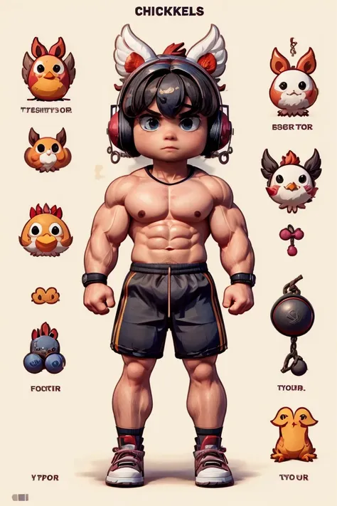 create a character of a chicken, with gym clothes, dumbbells, muscular body.