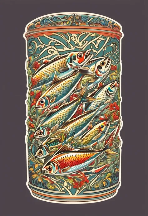 sardines in traditional pull can, japanese style tattoo, contemporary style, ((detailed and expressive ), fine art style, lots of fine lines and full colour shading style, muted colours, full background with detailed line art