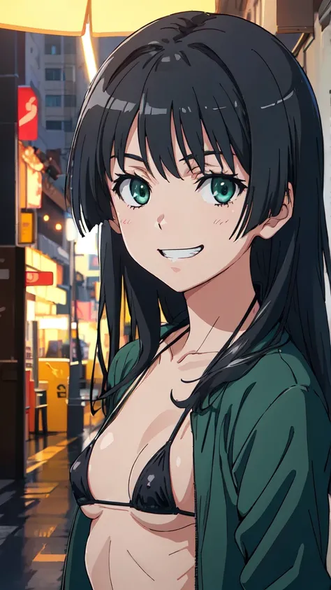 Micro Bikini，Parker jacket， (High resolution:1.4), (masutepiece:1.2), (High quality:1.3) 1girl, saten ruiko, green eyes, long hair, black hair, small breast, cinematic lighting, pov, grin, dynamic angle