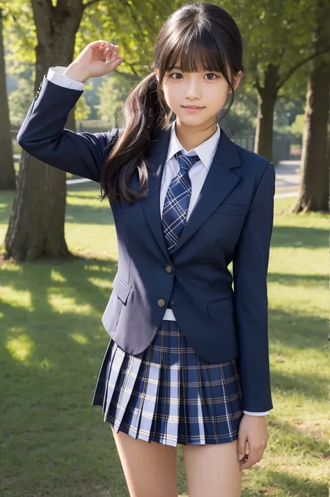 Navy Blue Blazer,Dark blue plaid pleated skirt,tie,16 years old,high school girl,Black Hair,bangs,Straight hair,ponytail,Dark Eyes,Small face,Young Face,Clean your eyes,Small Mouth,Showing teeth,thin,Young Face,,Flat Chest,Flat Chest,Flat Chest,Flat Chest,...