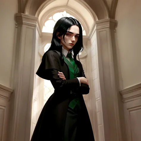 Severus snape girl with androgynous features, black hair, straight hair, somewhat aquiline nose, black eyes
slim androgynous body dressed in Slytherin uniform