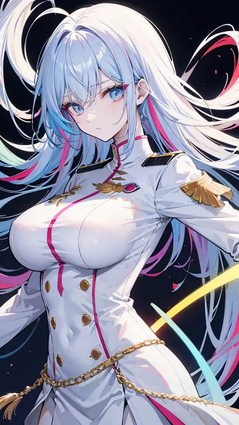 rainbow colored hair, expressionless, neat white uniform, holding a sword, very large breasts, long straight hair