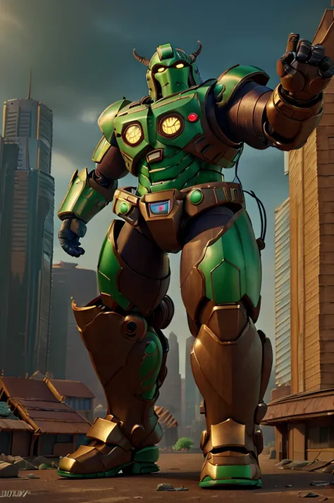 A massive green muscular barbarian robot, golden armor, brown boots, urban city in the background, highly detailed, 4k, 8k, hyper realistic, cinematic lighting, dramatic composition, vivid colors, intricate mechanical details, complex machinery, gears and ...