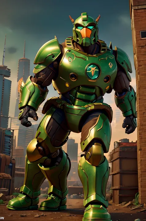 A massive green muscular barbarian robot, golden armor, brown boots, urban city in the background, highly detailed, 4k, 8k, hyper realistic, cinematic lighting, dramatic composition, vivid colors, intricate mechanical details, complex machinery, gears and ...