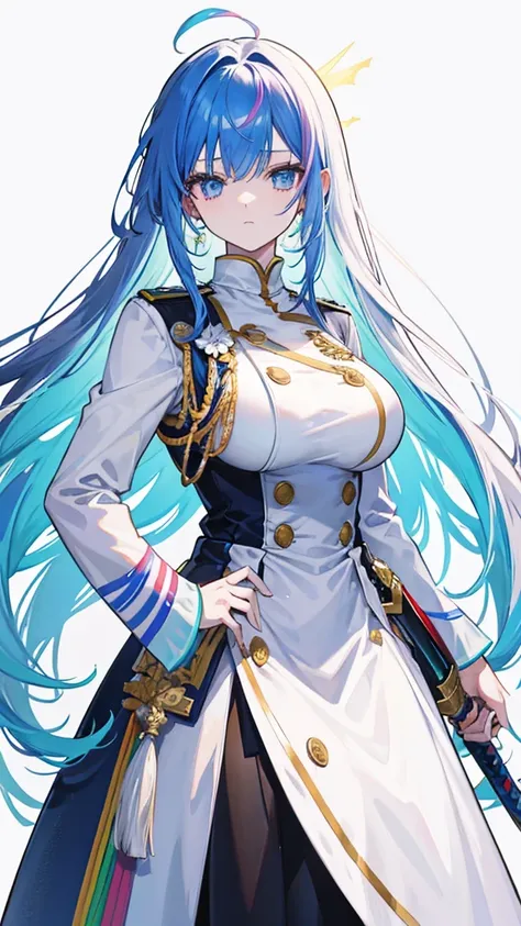 rainbow colored hair, expressionless, neat white uniform, holding a sword, very large breasts, long straight hair