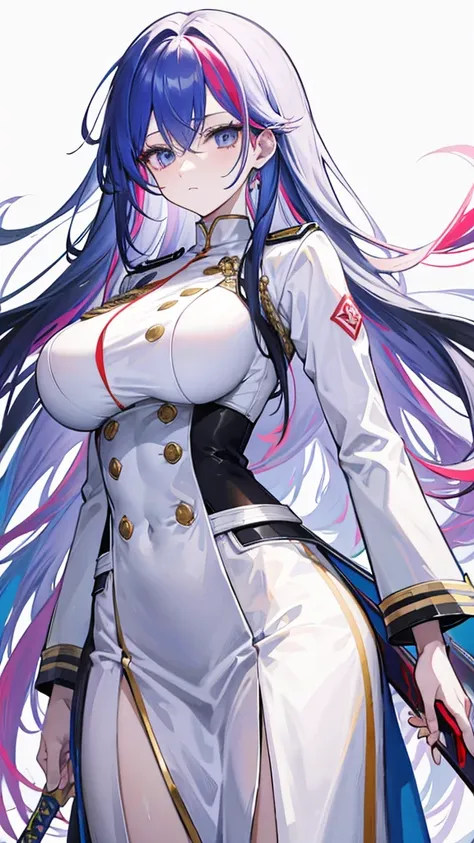 rainbow colored hair, expressionless, neat white uniform, holding a sword, very large breasts, long straight hair