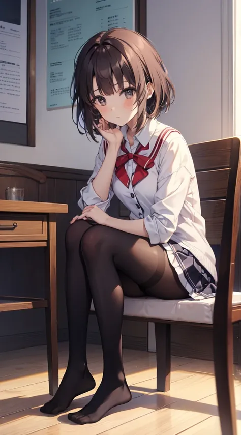 Top quality, masterpiece, High resolution, (Head to toe full body), front, frontやや下からの構図, Symmetric, Tall 18 year old girl, alone, (Head to toe), (Small breasts), Unkempt brown hair, bangs, (black tights), (Black Pantyhose), (Sit with your legs apart), (Cr...