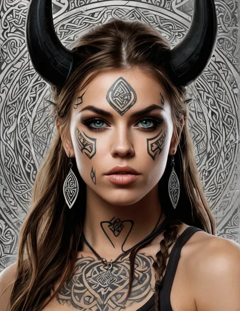 Vector graffiti-style for celtic tattoo, Close-up of a rebellious viking girl with runes tattooed on her face,celtic style tattoo, runes, image, w sieci, beautiful face!, runes, harpy woman