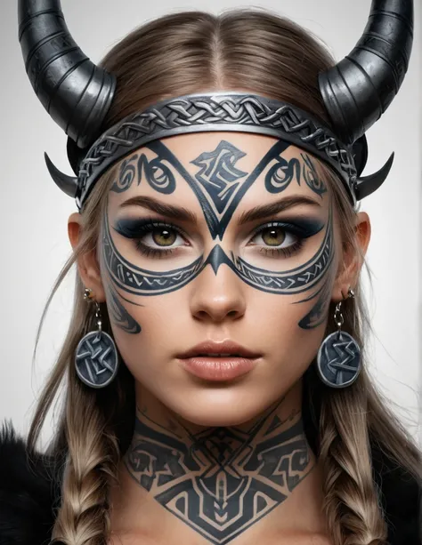 Vector graffiti-style for celtic tattoo, Close-up of a rebellious viking girl with runes tattooed on her face,celtic style tattoo, runes, image, w sieci, beautiful face!, runes, harpy woman