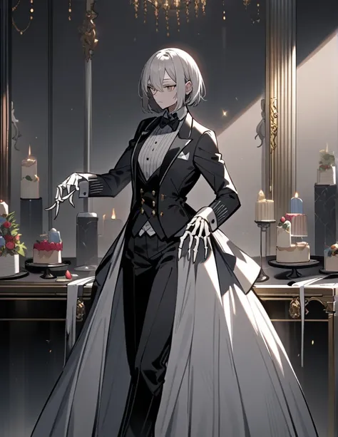 a skeleton female butler with short hair, wearing a feminine suit, in an elegant pose, in a large gray room with some decorations