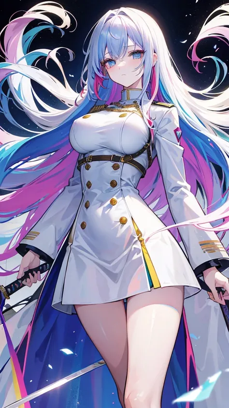 rainbow colored hair, expressionless, neat white uniform, holding a sword, very large breasts, long straight hair