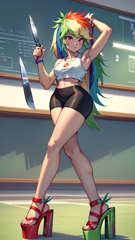 best quality, high quality, a cute girl, solo, rainbow dash, small croptop, spandex shorts, thick thighs, ((tall open-toe platform high heels, visible feet, highly detailed feet, holding a knife, extra small breasts)), classroom, school, ((4k, masterpiece,...