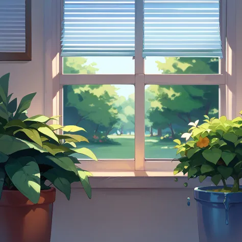 score_9, score_8_superior, score_7_superior, score_6_superior, sauce_anime, cute girl slime watering the garden, window, window ...