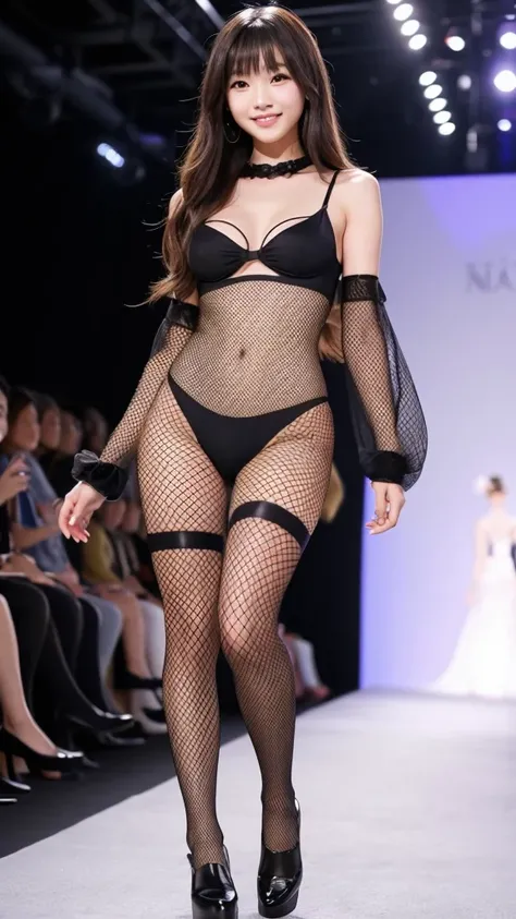 Amazingly large eyes、Smiling face、Large Bust、Slender and fair-skinned、Long hair Japanese woman、20-year-old、Sheer, full-body fishnet tights、Bright photo images、Walking towards me down the runway at a fashion show。