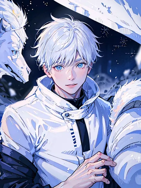 Gojo Satoru walk in winter coated in snow ,white hair , blue eyes