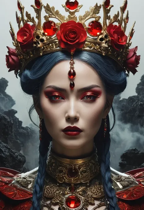 breathtaking ethereal RAW photo of female, (((by John Collier, John William Waterhouse, pinup style, silver, gold), perfect anatomy,The Queen of the Damned sits regally on her throne of black iron and red gems, her presence commanding and formidable. Her l...