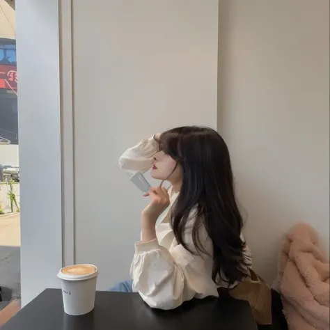 There is a woman sitting at a table drinking coffee, Ulzzang, Long Hair, Her hair is white, 白Hime cutヘアスタイル, Jaeyoung Nam, long hair With bangs, Long hair with bangs, Hime cut, With bangs, Kim Do-young, Short hair, she has black hair With bangs, Long Hair,...