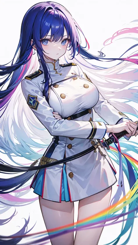 rainbow colored hair, expressionless, neat white uniform, holding a sword, very large breasts, long straight hair