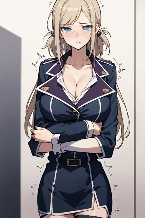 (masterpiece, best quality:1.2), huge , cleavage,  cowboy shot, solo, 1girl, awashima seri, expressionless, closed mouth, looking at viewer, crossed arms, blue eyes, uniform, thighhighs,office,(((trembling)))