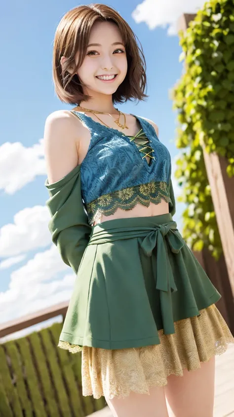 young woman,Anime Style,shoulder-length brown hair,Golden Eyes,Tops with lace-up front,necklace,Green cloth around the waist,Brown patterned skirt,Relaxed posture,Smiling,The background is blue sky,A few clouds,Bright and relaxed atmosphere,Soft lighting,P...