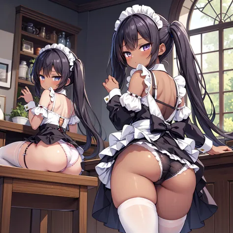 masterpiece, best quality, ultra detailed, 1girl, dark skin, twin tails, thighhighs, ,maid clothes ,show sexy panties, open legs,　leaning forward, ,looking_through_legs, looking back, from behind, nsfw