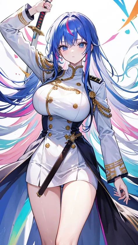 rainbow colored hair, expressionless, neat white uniform, holding a sword, very large breasts, long straight hair