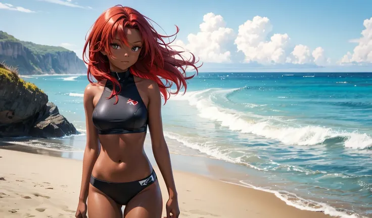 Red-haired, dark-skinned, flat-chested girl，swimsuit，Bare waist，Standing，beach