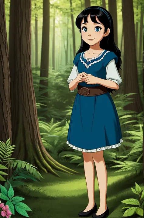 A character from a cartoon a  with black hair must be about 12 years old from an enchanted story in a forest 