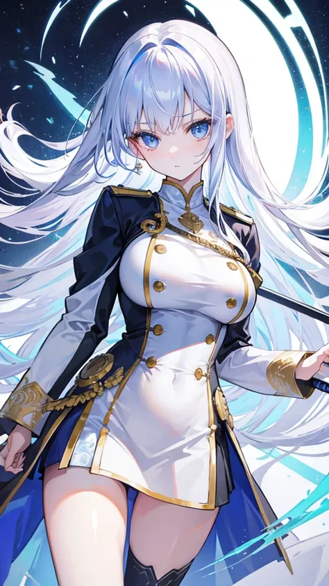 Iridescent hair, expressionless, neat white uniform, holding a sword, very large breasts, long straight hair