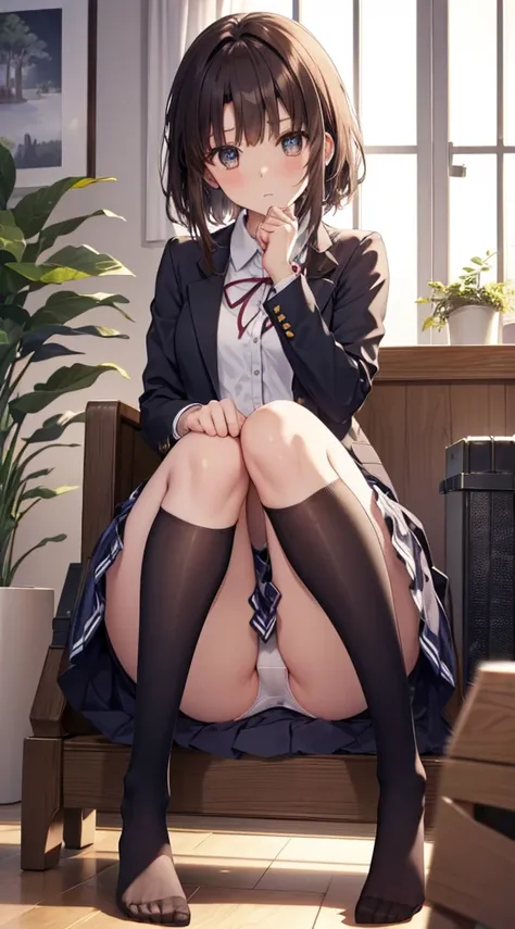 Top quality, masterpiece, High resolution, (Head to toe full body), front, frontやや下からの構図, Symmetric, Tall 18 year old girl, alone, (Head to toe), (Small breasts), Unkempt brown hair, bangs, (black tights), (Black Pantyhose), (Sit with your legs apart), (Cr...