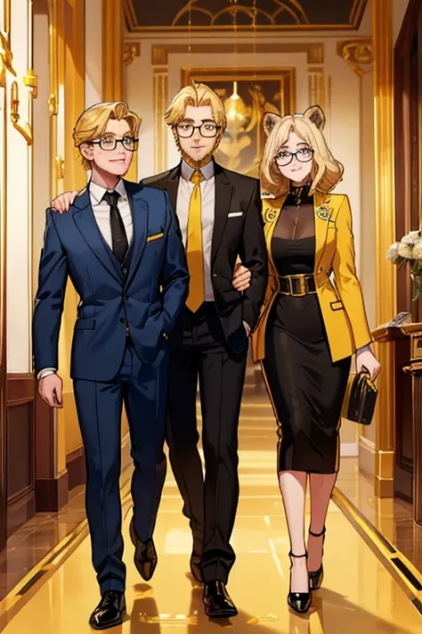 male, blonde hair, blue eyes, trimmed goatee, (((1boy))), (((golden yellow business suit))), (golden yellow pants), (black dress shirt), (brown necktie), (black dress shoes), (glasses), older man, lion ears on head, smiling, single person