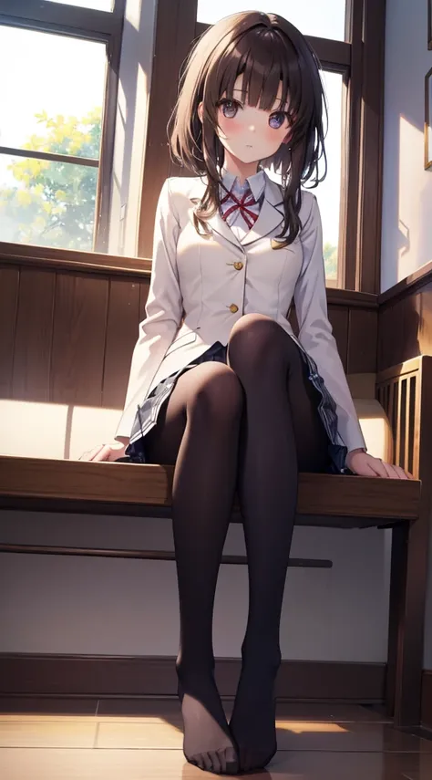 Top quality, masterpiece, High resolution, (Head to toe full body), front, frontやや下からの構図, Symmetric, Tall 18 year old girl, alone, (Head to toe), (Small breasts), Unkempt brown hair, bangs, (black tights), (Black Pantyhose), (Sit with your legs apart), (Cr...