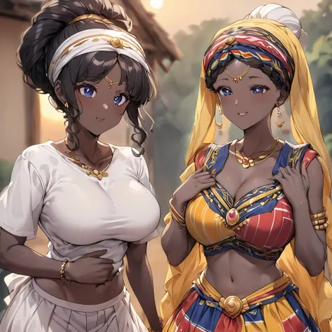 ((Highest quality)), ((masterpiece)), (detailed), （Perfect Face）、The woman is a Ghanaian born Tsukino Usagi with a vivid dark skin, black by birth, and is wearing a colorful Ghanaian dress from a Ghanaian village, a colorful turban head scarf, gorgeous jew...