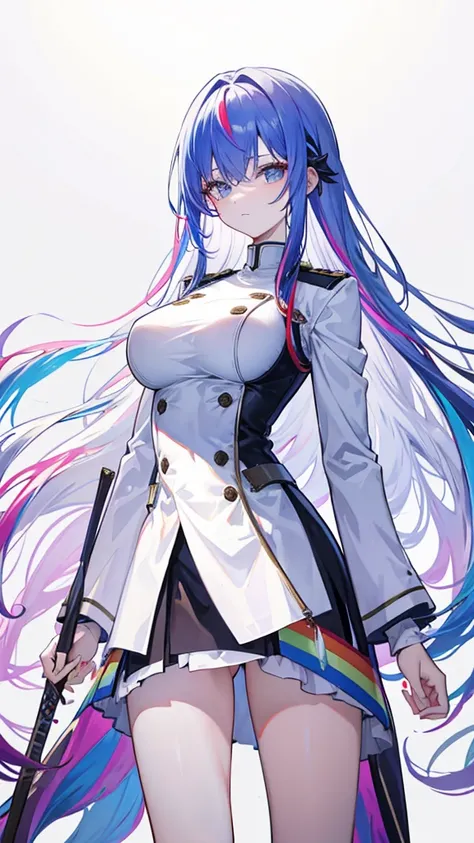 rainbow colored hair, expressionless, neat white uniform, holding a sword, very large breasts, long straight hair