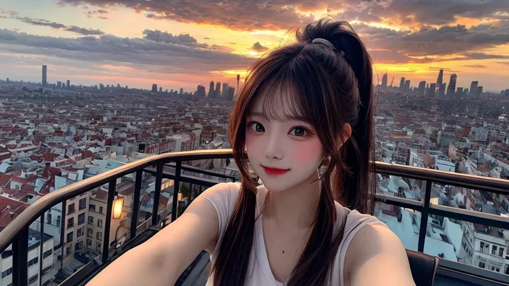 1 beautiful sweet girl,fluffy kitten on the shoulder. fish eye, selfie, wind, straight long hair, high ponytail, sunset, city scape, (Aesthetics and atmosphere:1.2),