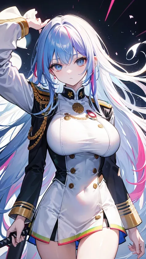 rainbow colored hair, expressionless, neat white uniform, holding a sword, very large breasts, long straight hair